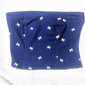 Navy Blue Strapless Bow-Print Tube Top